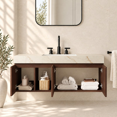 Meuble-lavabo suspendu simple EIDEN 48 po en noyer avec comptoir en pierre frittée couleur crème veinée or