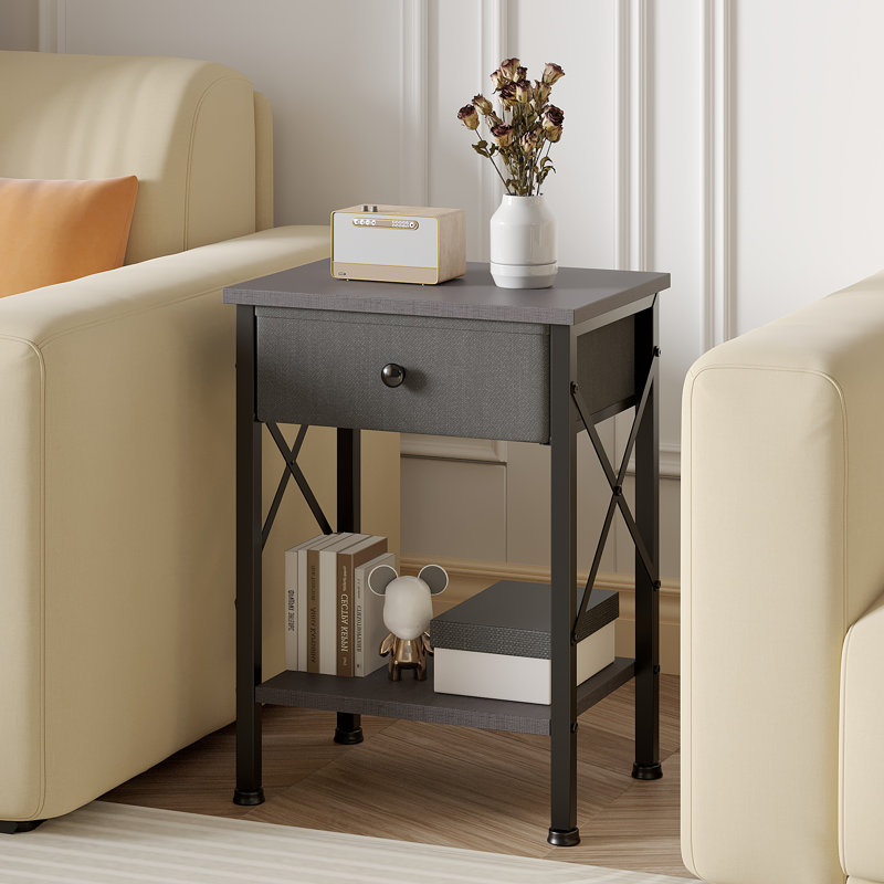 Fabric Drawer Nightstand With Open Shelf, Small Bedside Table For Bedroom, Living Room Or Dorm, Gray