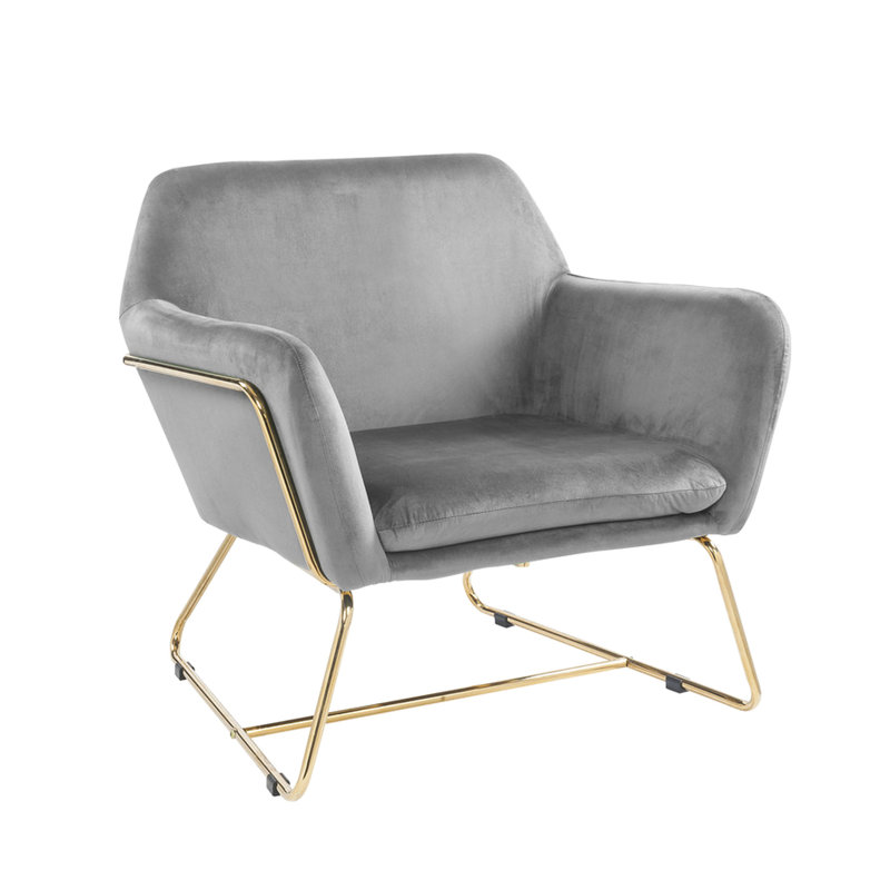 Fauteuil d'appoint en velours gris glamour, profondeur de siège de 20 po, pieds en métal, 29,5 po, épaisseur du coussin