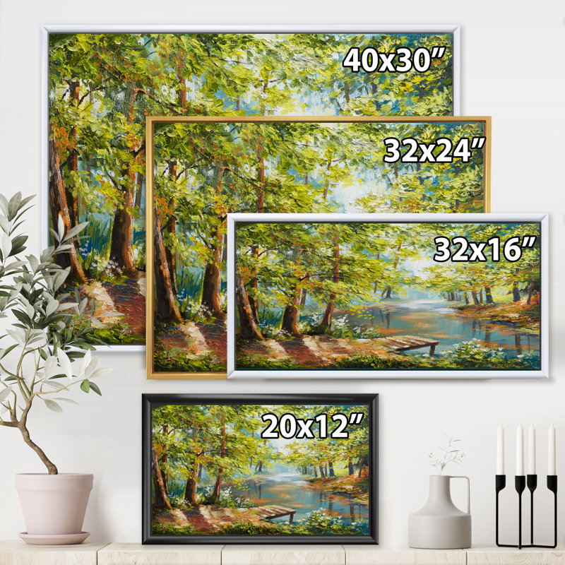 Forêt d'automne avec rivière sinueuse - Peinture sur toile, H 24 po x l 32 po x P 1 po, Cadre flottant doré