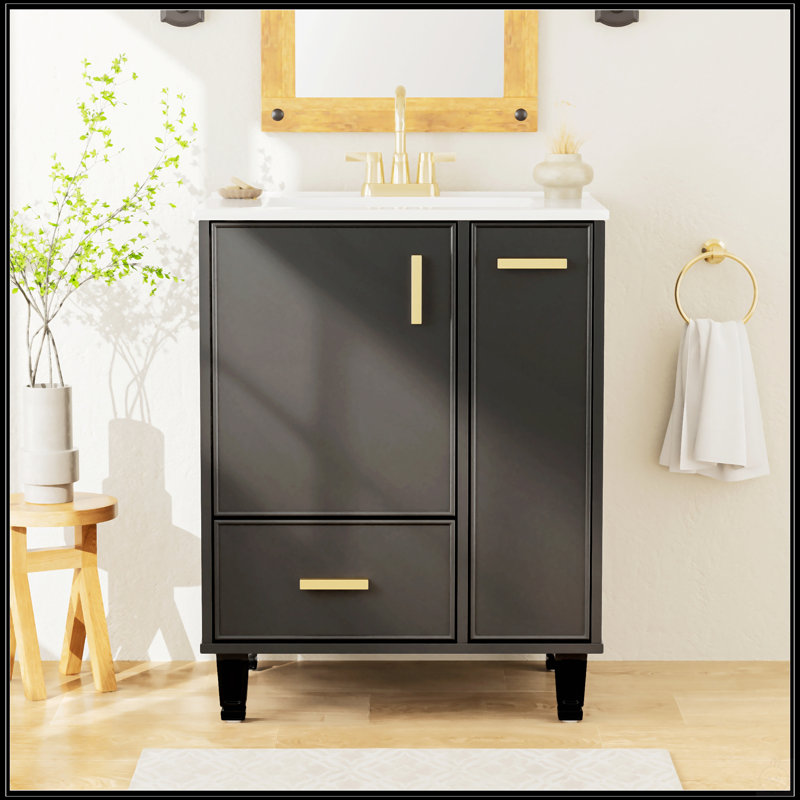 Meuble-lavabo moderne de 24 pouces avec lavabo, tiroir profond, panier coulissant à 2 niveaux et structure en bois massif durable
