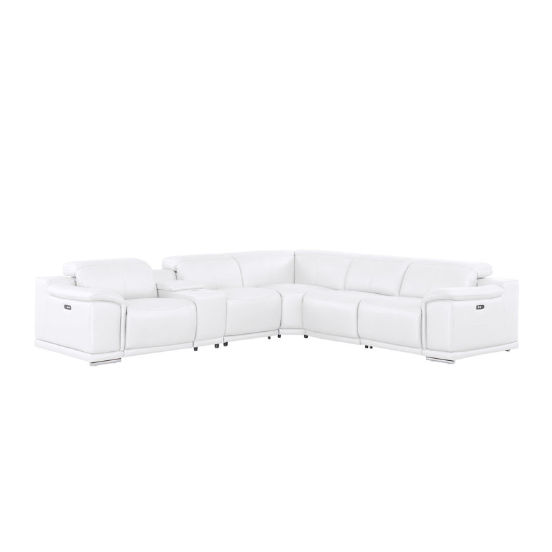 6-Piece L-Shaped Power Reclining Sectional In Genuine Leather – 3 Recliners, White Top Grain Leather
