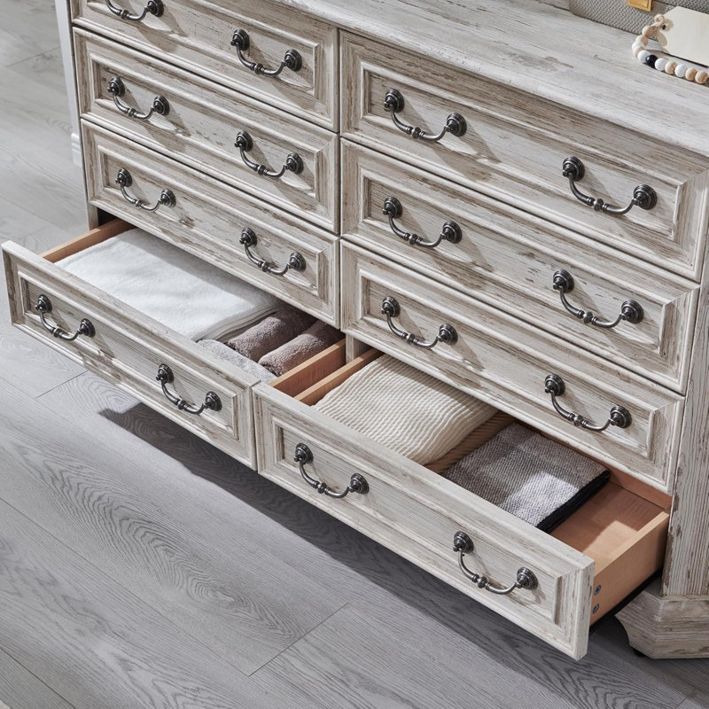 Commode 8 tiroirs, commode de rangement avec poignées en métal, organisateur de chambre à coucher large, Blanc patiné