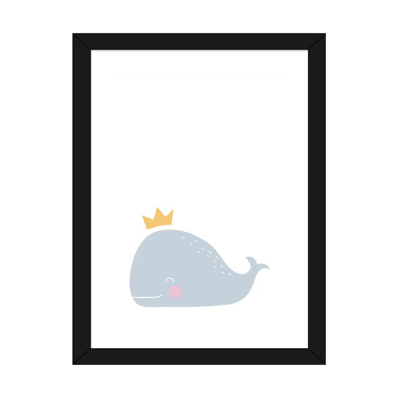 Baleine avec couronne - impression d'art graphique, H 24 po x l 16 po x P 1 po, Papier encadré noir, Blanc