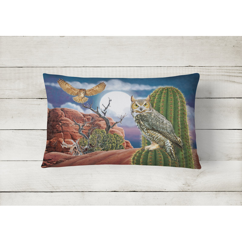 Outdoor Throw Pillow, Great Horned Owl in the Desert