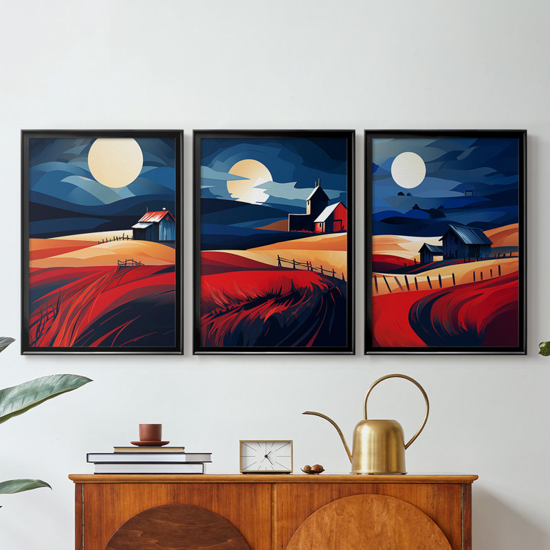 Paysages série Cxxvi - Toile tendue avec châssis sur mesure - 3 pièces, Noir, H 30 po x l 63 po