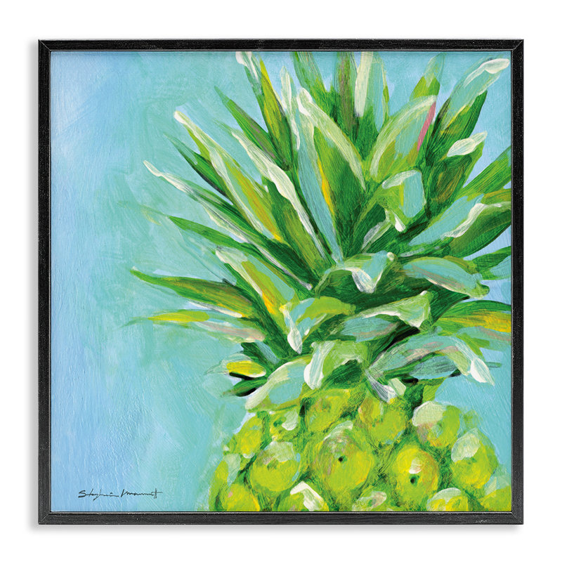 «Tropical Blue Pineapple Fruit» par Stephanie Workman Marrott - peinture à cadre flottant sur bois