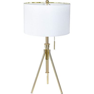 Lampe de table trépied réglable avec finition dorée brossée moderne et abat-jour neutre doux