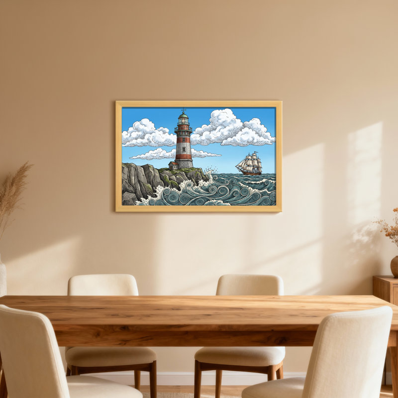 Phare sur la côte rocheuse avec voilier, H 20 po x l 30 po, Toile tendue, Ne s’applique pas