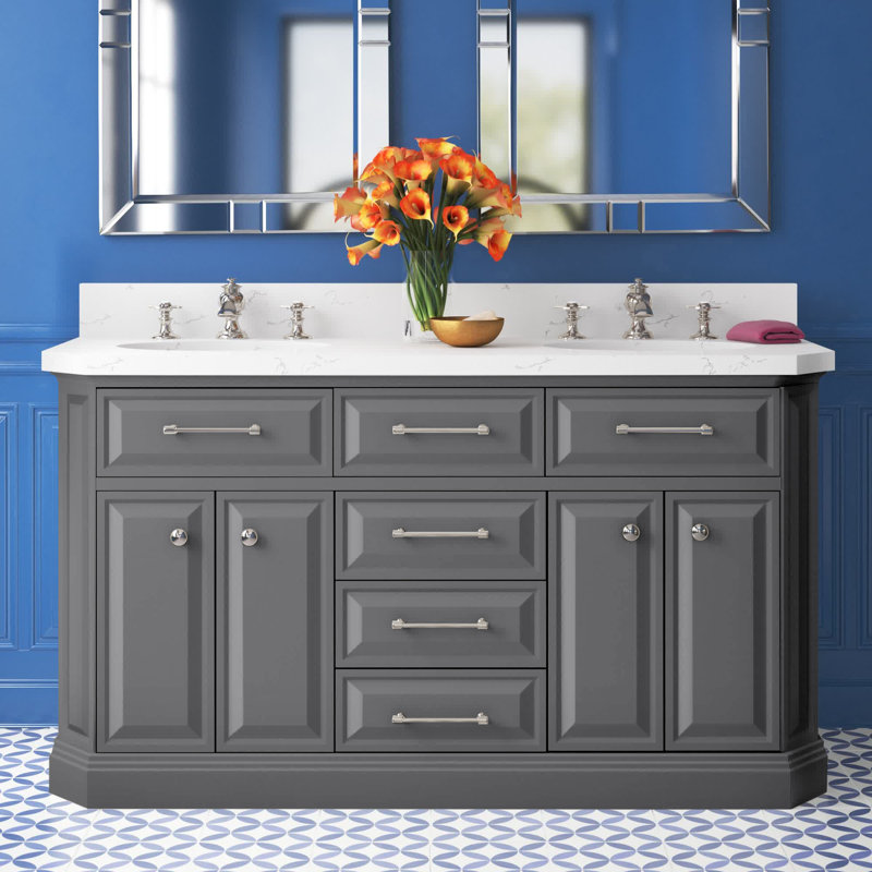 Bruning 60" Carrara Engineered Marble Countertop Bath Vanity with Faucet, Cashmere Gray, Chrome Deck Mount