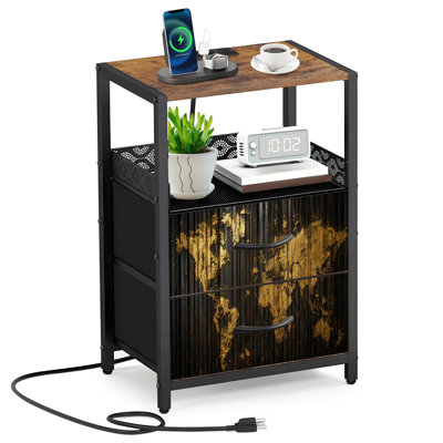 Table de chevet 2 tiroirs en tissu avec station de charge Abstrait noir doré