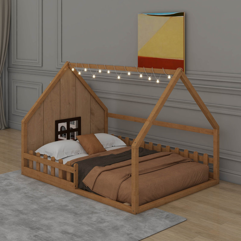 Lit double en bois avec fenêtre et clôture, Naturel