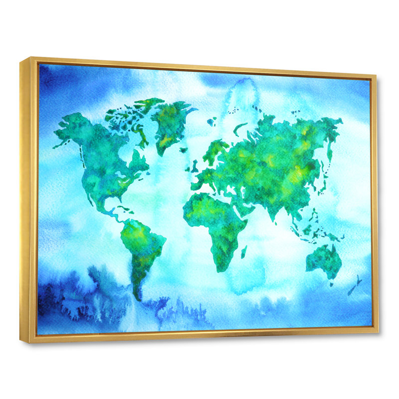«World Map Blue Green Tone III», reproduction sur toile flottante, H 30 po x l 40 po x P 1,5 po, Cadre flottant doré