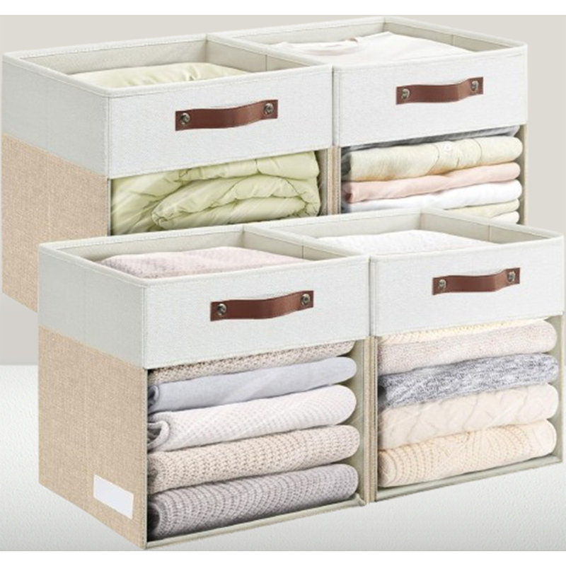 13 X 13 Inch Collapsible Storage Box With Clear Window And Handles (Pack Of 4), Beige