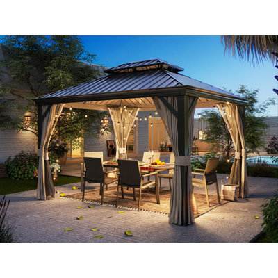 12'x16' Hardtop Gazebo Double Galvanized Steel Roof, Permanent Aluminum Frame Outdoor Pavilion with Netting & Curtain