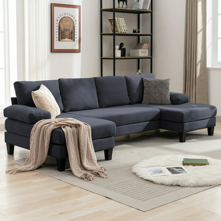 Rachual Upholstered U-Shaped Sectional Symmetrical, Dark Grey Linen