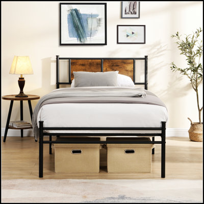 Stylish Metal Bedframe with Wood Panel Headboard, Durable and Space-Efficient for Modern Bedrooms