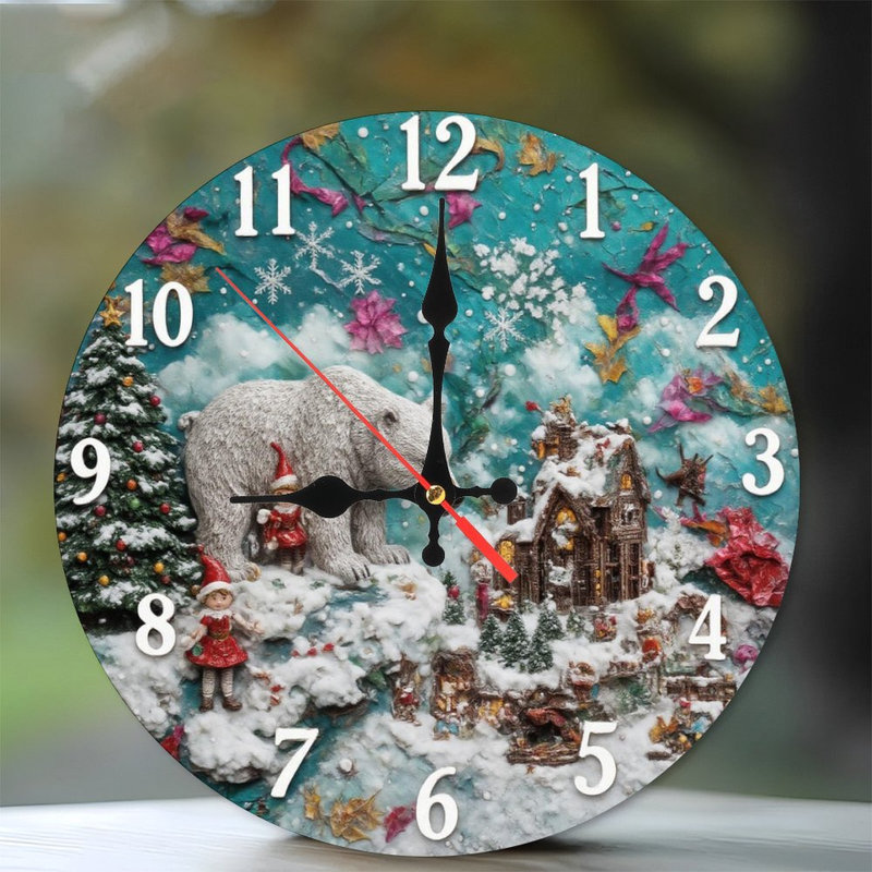 Horloge de Noël-ours-elfes-neigeux-maison