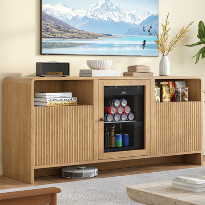 60'' Coffee Bar Cabinet with Built-in Mini Fridge, Buffet Sideboard with Waveform Fluted Doors and Adjustable Shelves for Kitchen, Dining Room, Light Oak
