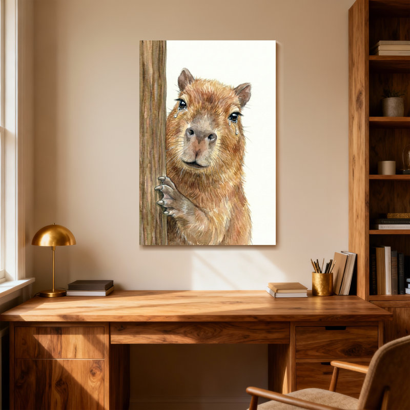 Animaux Capybara furtivement derrière le bois avec des larmes, H 32 po x l 48 po