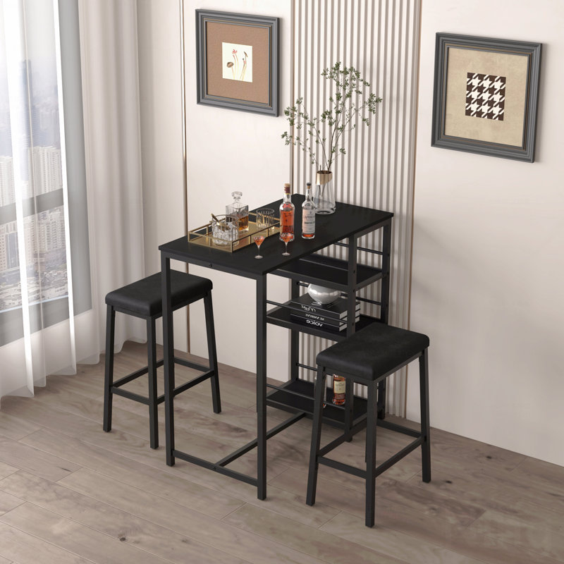 Ensemble de table de salle à manger pour 2 personnes avec 3 grandes tablettes de rangement, tabourets de cuisine rembourrés en cuir d'unité centrale, coin repas 3 pièces