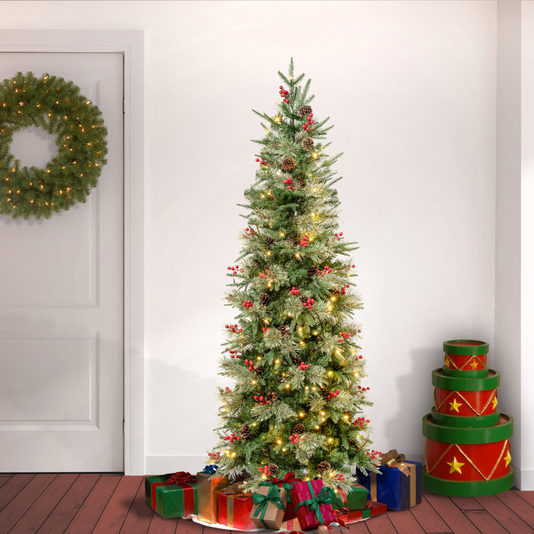 72" H Slender Realistic Artificial PVC and PE Blend Pine Christmas Tree 200 LED Steady/Constant Lights and Berries