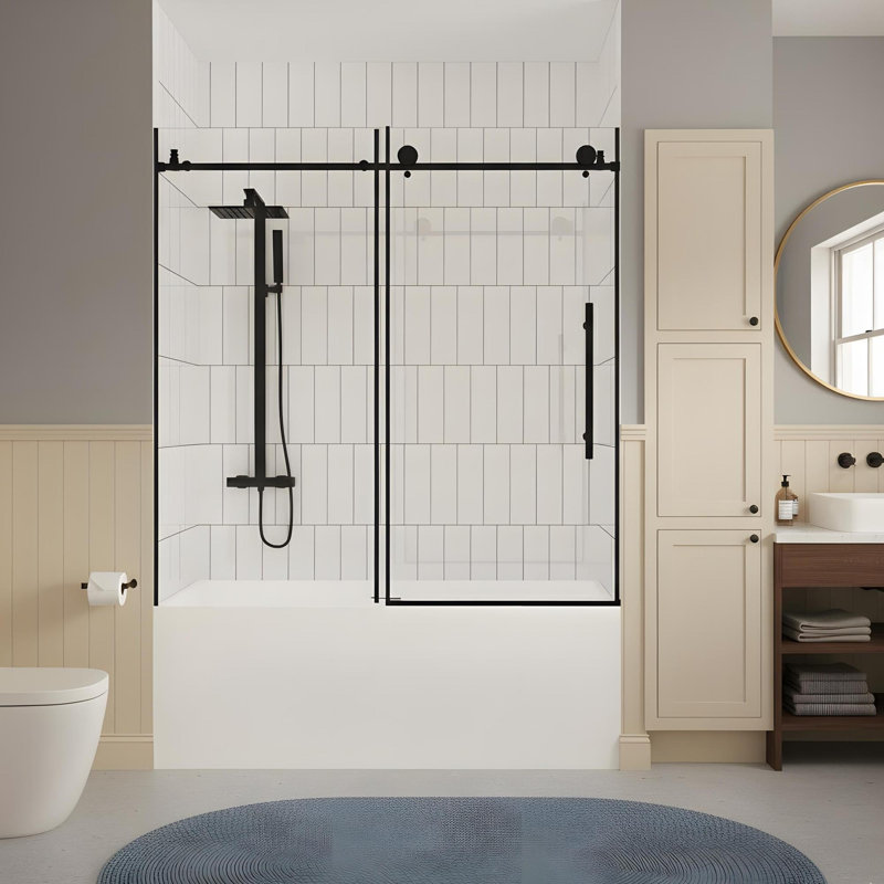 56-60"W x 60" H Frameless Shower Door with Stainless Steel Handle, Matte Black