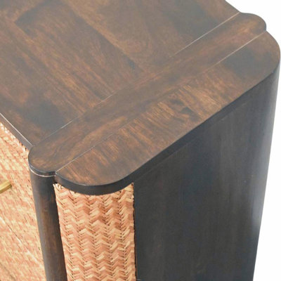 Commode à façade de canne Havana en bois massif, marron, avec 2 tiroirs
