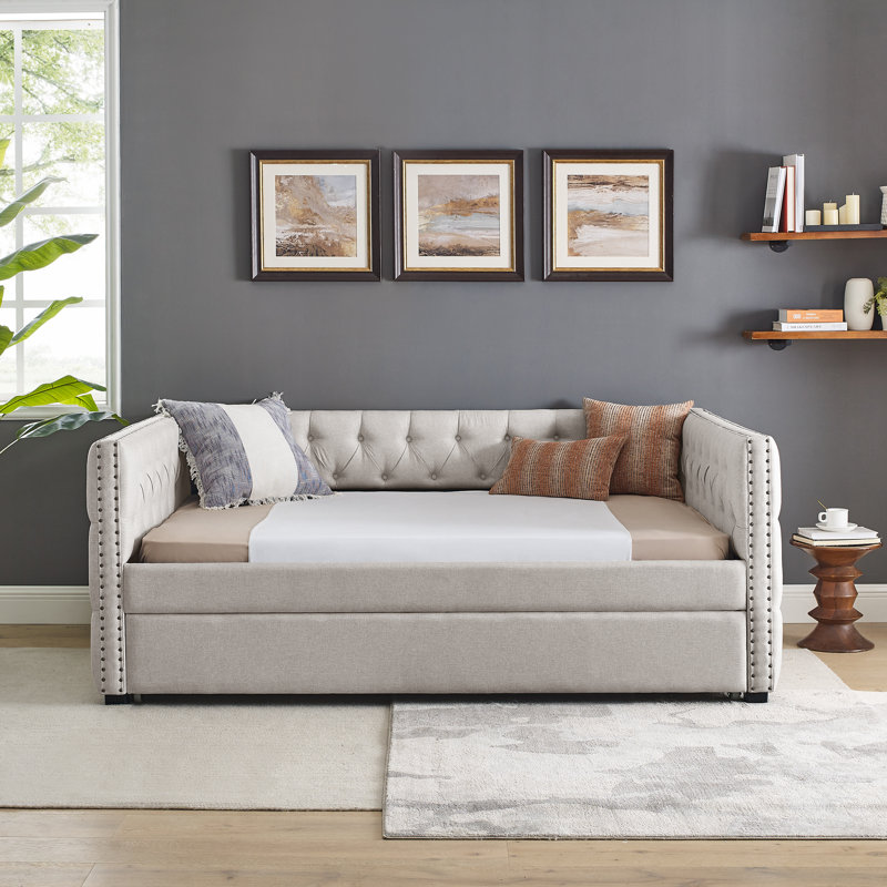 Lit de jour capitonné avec gigogne Roomfitter, Complet/Double, Beige