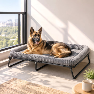 Lit pour chien surélevé, grand lit pour chien surélevé pour l'extérieur avec coussin amovible et structure en métal, lit pour animaux de compagnie portable pour les races XL, imperméable, facile à nettoyer, 48 po x 36 po, gris