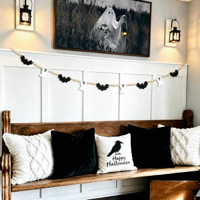 Guirlande d'Halloween fantôme et perles de chauve-souris | Décoration suspendue en bois pour manteau de cheminée, mur et fête