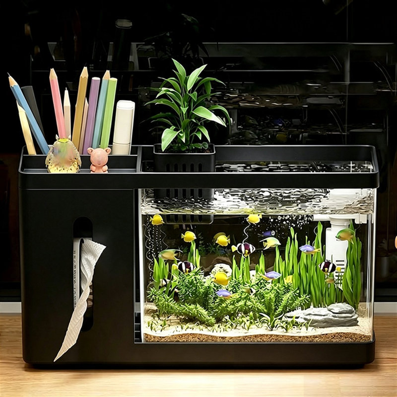 Aquarium de bureau multifonctionnel 3 en 1 avec rangement intégré, porte-mouchoirs et panier hydroponique.