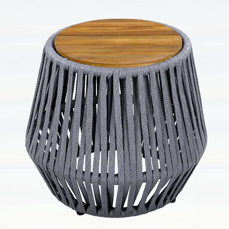 Élégante table d'appoint d'extérieur avec corde et bois d'acacia, résistante aux intempéries, capacité de 100 lb, corde grise, finition teck