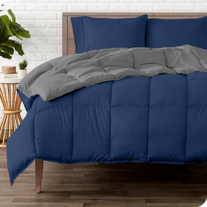 Microfiber Reversible Bed-In-A-Bag, Dark Blue/Grey, Dark Blue, King Comforter + 2 Pillowcases
