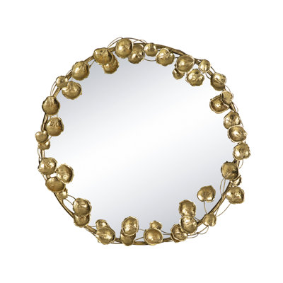 35.2X2.8X35.2 Inches Metal Mirror With Golden Leaf Enhancements, Modern Living Room Addition, Strong Iron And 35" Round Wall Decoration, Room, Entryway, Hallway Styling, Robust &