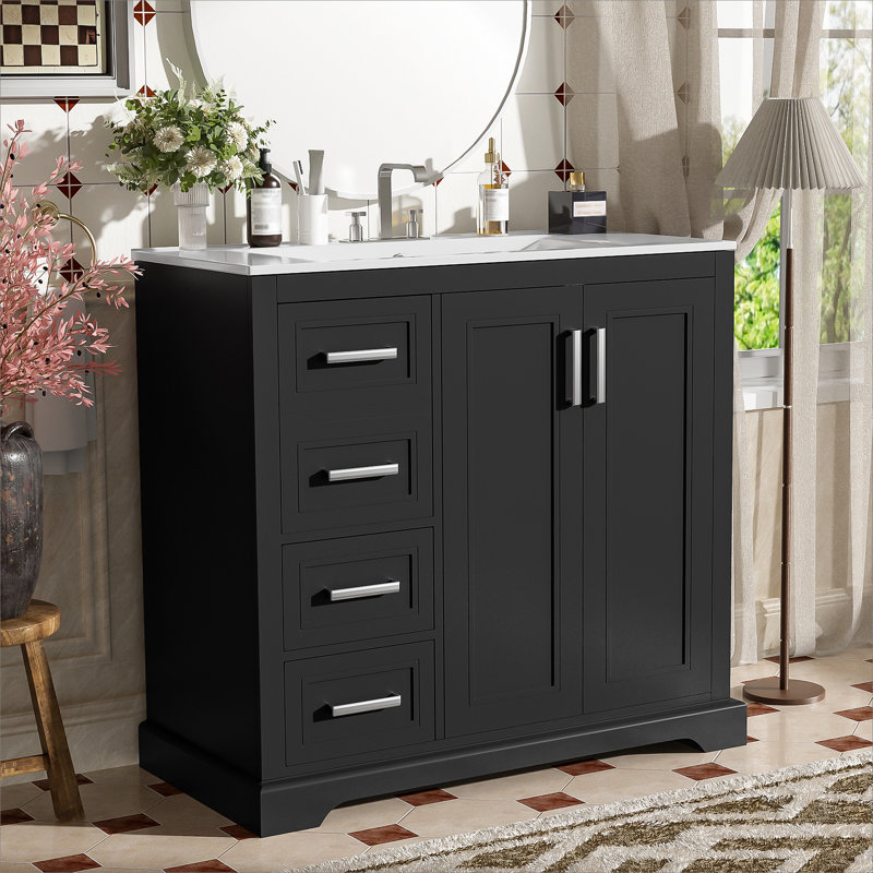 Meuble-lavabo moderne 36 po avec lavabo en céramique, porte à fermeture douce, tablette réglable et 3 tiroirs, Noir