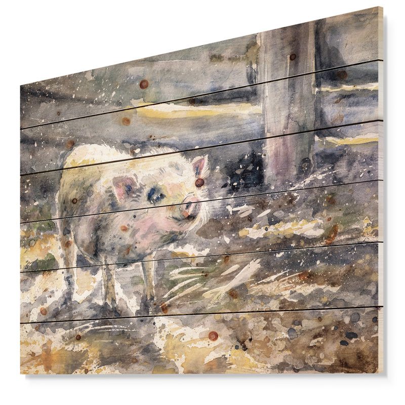Aquarelle de cochon peinte - imprimé animal de ferme, Bois, H 30 po x l 40 po x P 1,5 po