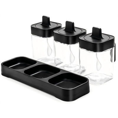 Set Of 3 Condiment Jar With Tray, 13.5 OZ Spice Container With Lids And Spoons, Glass Condiment Salt And Sugar Container Sets, Kitchen Seasoning Box For Salt Pepper Sugar Storage