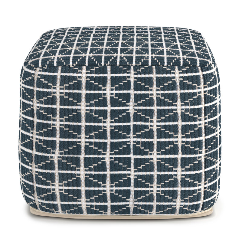 Noreen 18"W Square Hand-Woven Cotton Pouf, Dark Blue/White