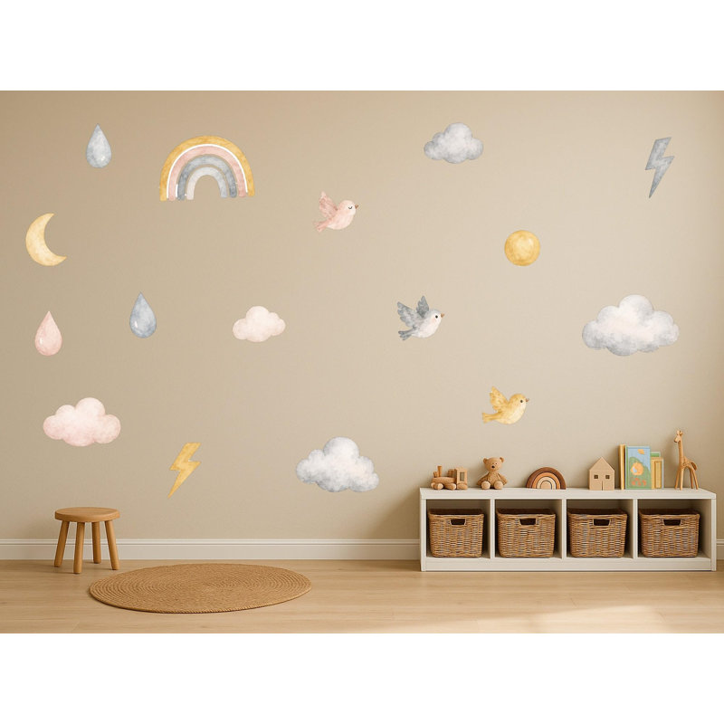 Cloud And Sky Wall Decals, Set of 16 Peel and Stick Nursery Wall Stickers, Satin Finish Removable Kids Room Wall Art, 59"W x 59"H (150 x 150 cm)