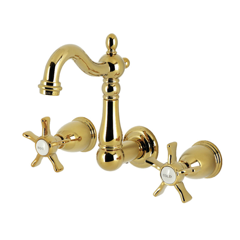 Kingston Brass Hamilton Double-Handle 3-Hole Wall Mount Bathroom Faucet, Polished Brass