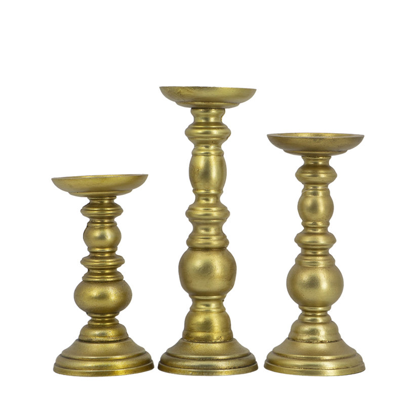 Wooden Pillar Candle Holders - Set of 3, Gold