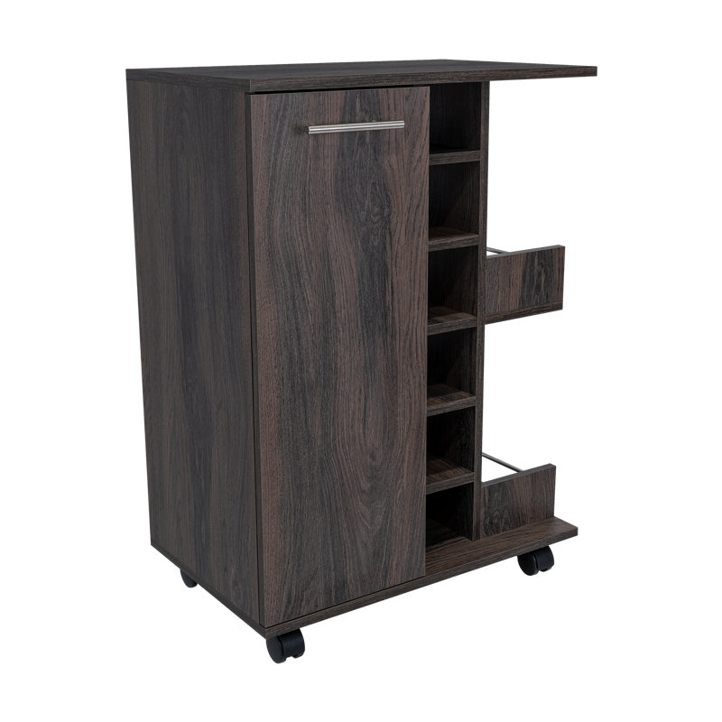 Bar Cart, Two External Shelves, Four Casters, Six Built-in Wine Rack, Single Door Cabinet, Dark Brown