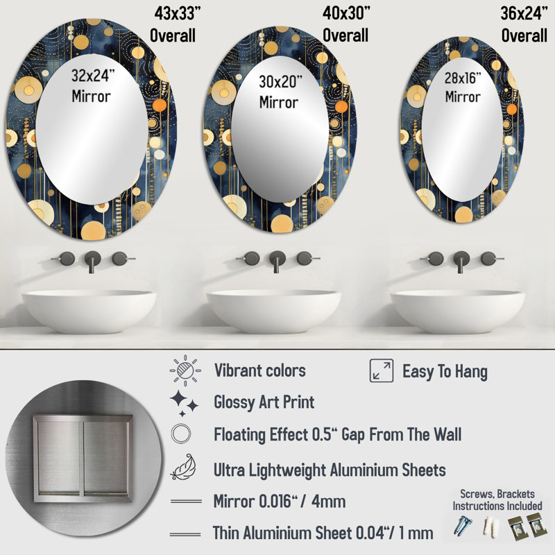 Pastel Abstract With Blue Black & Gold Spots XV - Modern Oval Wall Mirror, 36" x 24"
