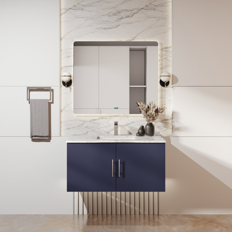 Meuble-lavabo simple 24 po avec plateau Geneva, Marbre de Carrare blanc, Marine