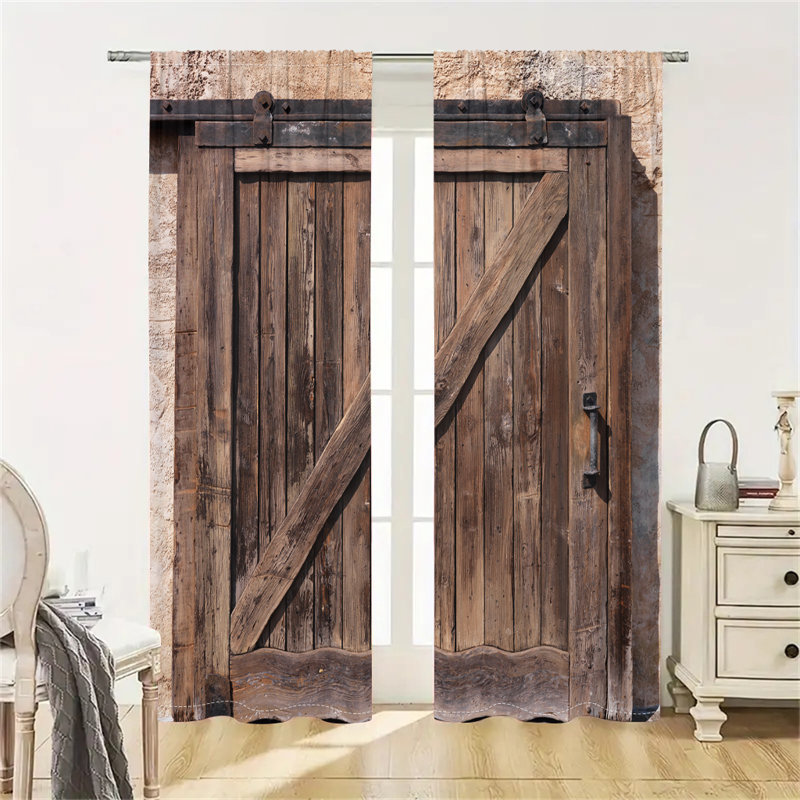 2Pcs Rustic Barn Door Window Curtains Vintage Wooden Gate Pattern Farmhouse Style Room Divider Curtain Panels Rod Pocket Country Home Decor for Living Bedroom Kitchen Dining