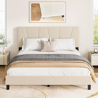 Full Upholstered Platform Bed Frame with Adjustable Headboard, Linen Fabric, Sturdy Wooden Slats, No Box Spring Needed, Easy Assembly - Beige Cream