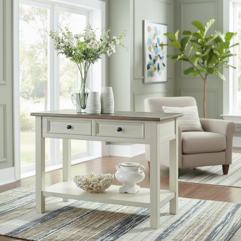 Retro Farmhouse-Style Two-Tone Rectangular Sofa Table, White