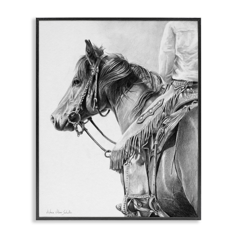 Détail d'un étalon et d'un cow-boy encadrés par Victoria Schultz, Giclée encadrée noir minuit, H 20 po x l 16 po
