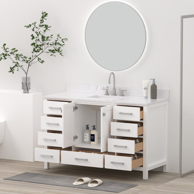 54" Solid Wood Freestanding Bathroom Vanity With Engineered Stone Top